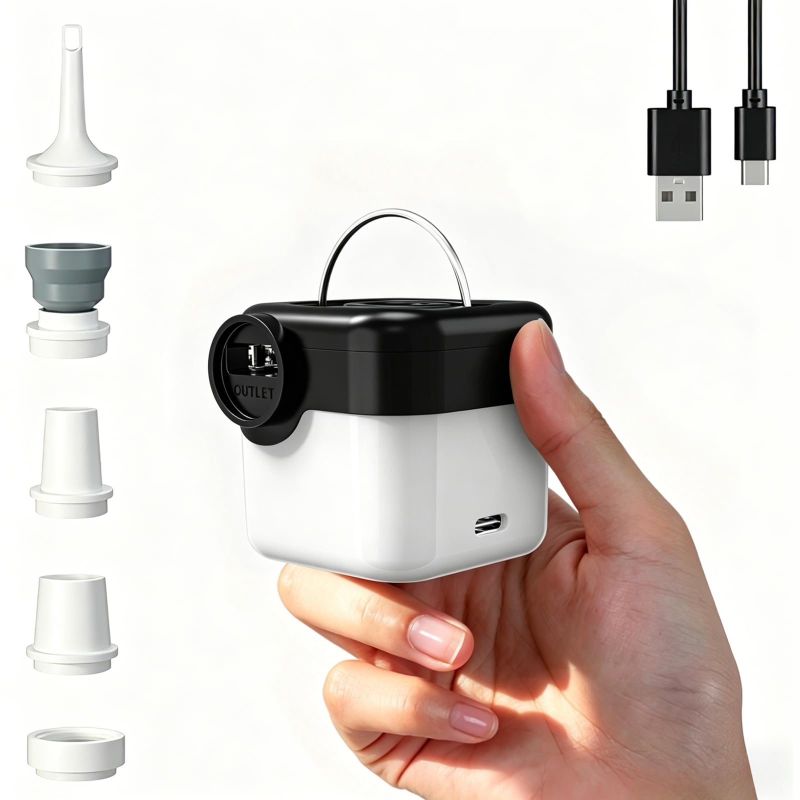 Elektrische Luftpumpe, 3 in 1 Inflate und Deflate luftpumpe Elektrisch, 2200 mAh Mini-luftpumpe mit Campinglampe, Elektrische Pump mit 5 Düsen für Camping, Luftmatratze, Schwimmring, Vakuumbeutel