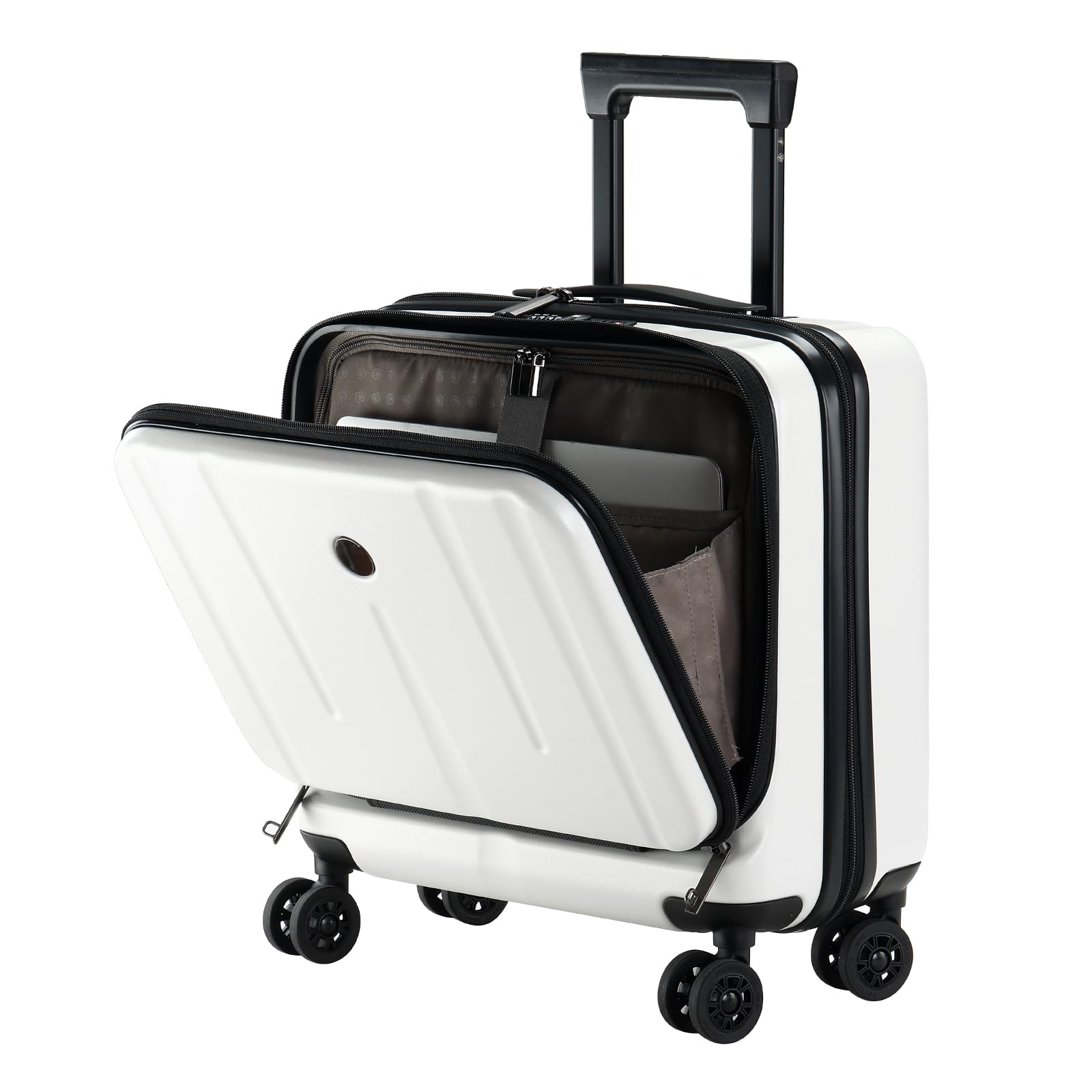 16 inch carry on luggage with 2 compartments for 14” & 15” laptop, 16.14*8*17.12” rolling briefcase, lightweight hardshell abs+pc suitcase with spinner silent wheels, for business trip, milky white ( slightly used)