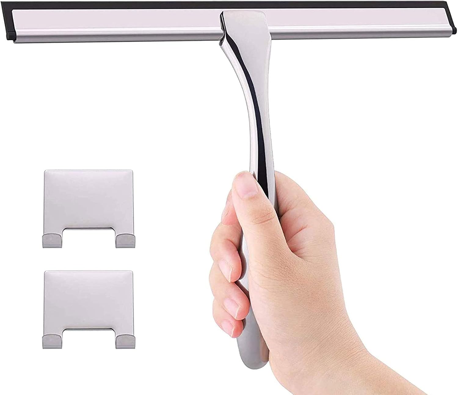 Shower Squeegee Stainless Steel Window Squeegee for Shower Doors, Bathroom, Mirrors, Tiles, Glass, Streak Free Shine with with 2 Hooks, 12 Inches