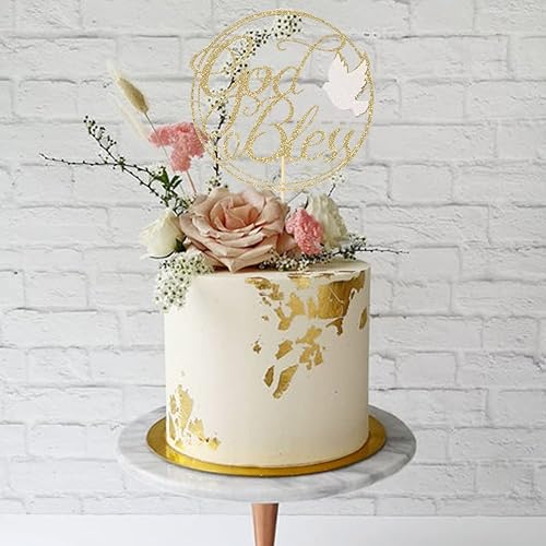 Miniatura 5 de Decoración de pastel con paloma con purpurina dorada para tartas de bautismo de primera comunión, bautismo religioso, bautizo, decoración de