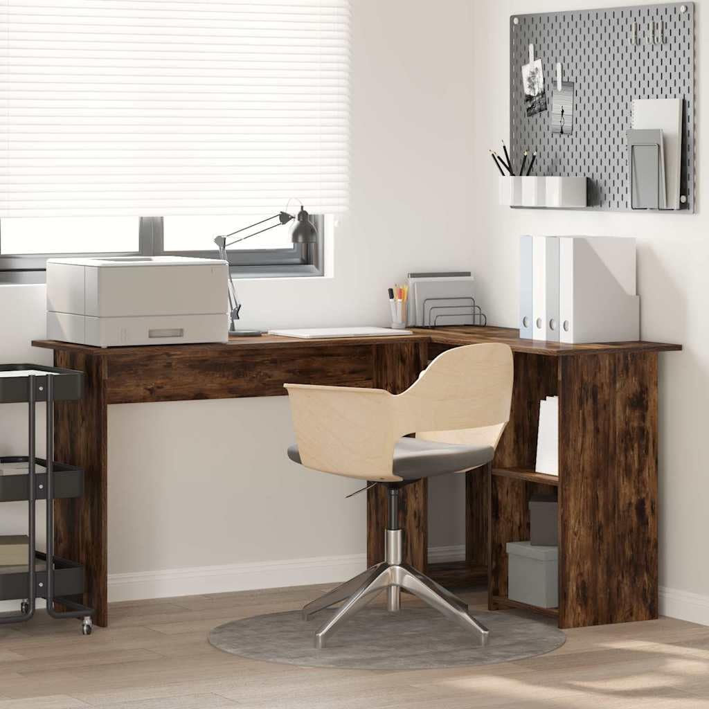 Scrivania in rovere affumicato, 142 x 102 x 73 cm, con ripiano e ripiano, scrivania angolare per computer per casa, ufficio e gaming, grande spazio di archiviazione e comodo spazio di lavoro