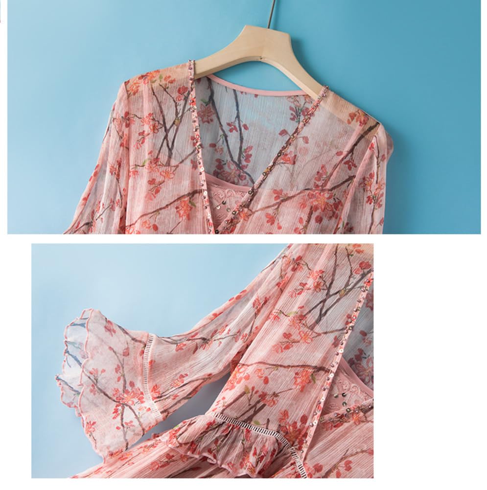 DISSA Damen Seidenkleid Midi Kurzarm V‑Ausschnitt Blumen,J2021