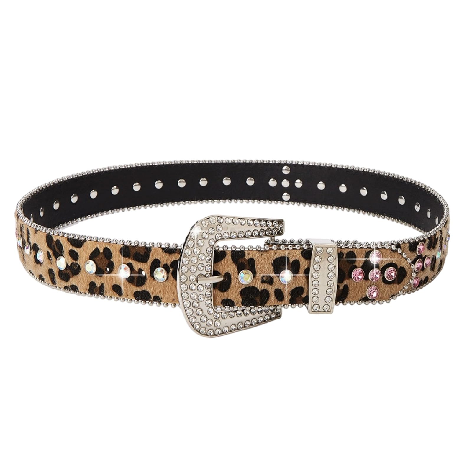 MICFENY Stylish PU Leopards Print Belt Adorned With Rhinestones Secure Pin Buckles Closure Unisex Fashion Accessory For Casual W