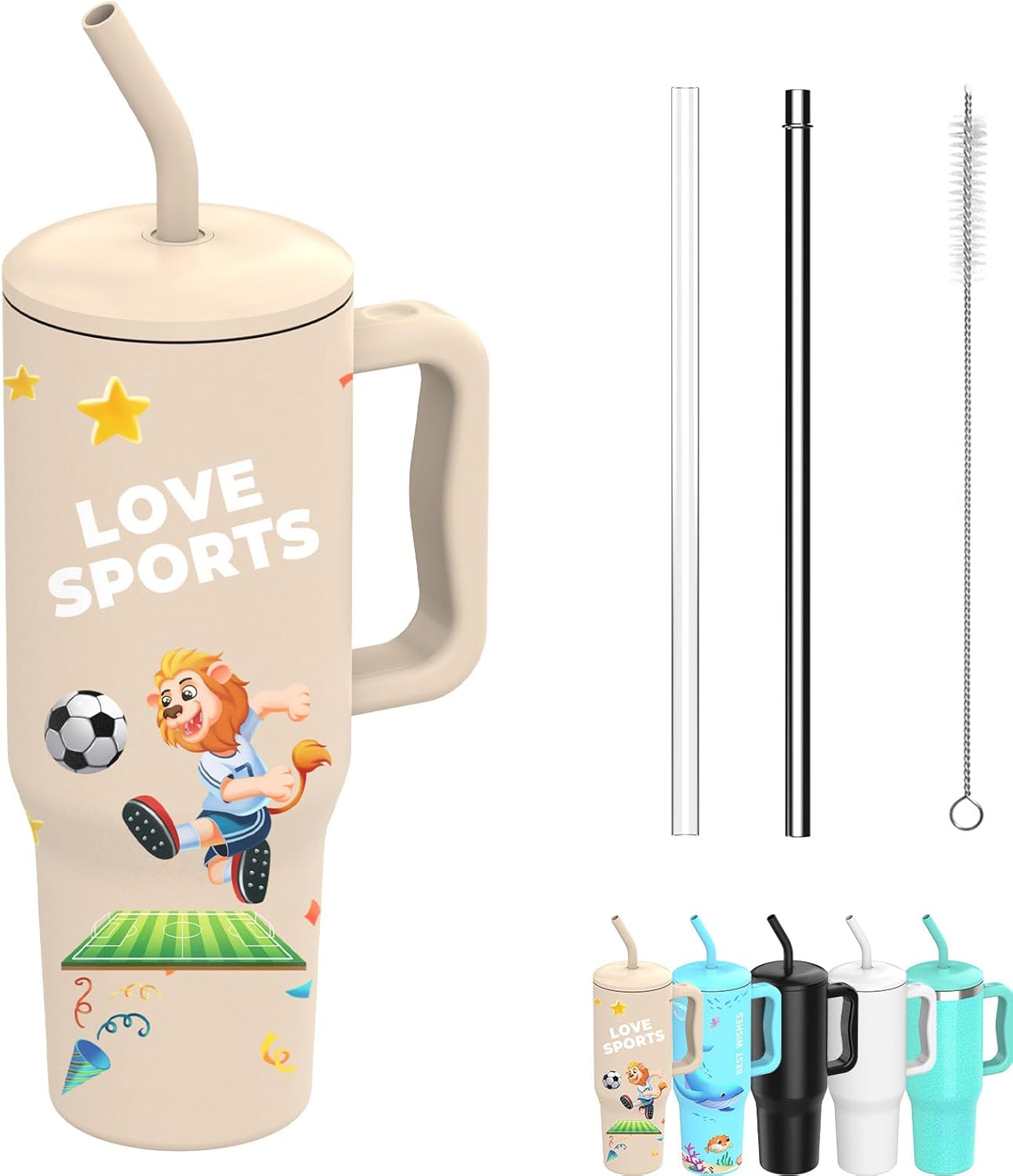 40oz/1100mL Tumbler with Handle, Insulated Mug with 2 Straws/Spill-proof/Leak-proof/100% Dishwasher-safe for Cold Carbonated Beverages & Hot Coffee 40oz/1100ml Beige Soccer Lion