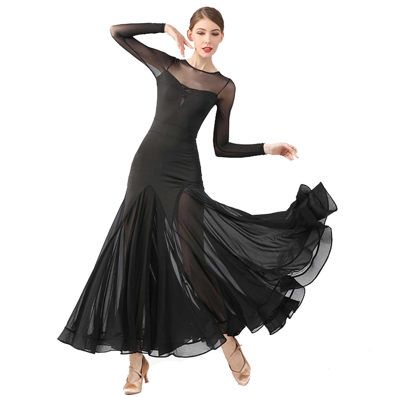 Abiti da Ballo per Allenamento di Valzer da Donna Maniche Lunghe con Rete Abiti da Ballo da Sala Gonna A Trapezio per Danza Moderna Costumi per Spettacoli di Banchetti
