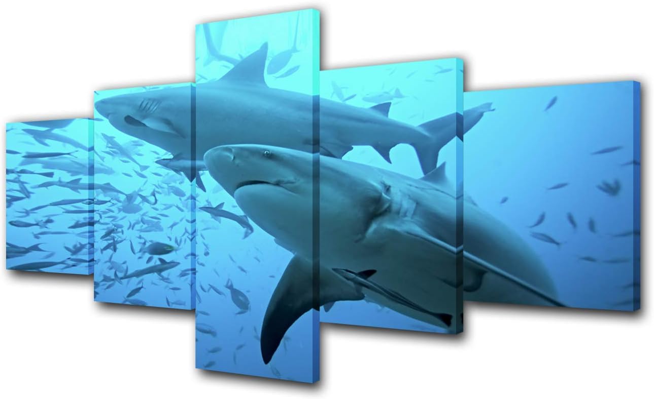Fishing Paintings for Living Room Diving with Sharks Pictures Underewater World Wall Art Big Fish Artwork Multi Panels Prints on Canvas House Decorations Giclee Framed Ready to Hang Gift(50''Wx24''H) 50WX24H Artwork-24