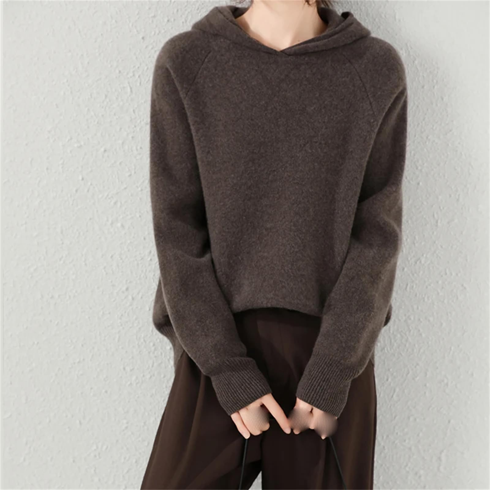 Yeuyyben Maglione da donna in cashmere con cappuccio a maniche lunghe pulsante inverno ispessimento caldo maglia top femminile, Colore caffè., L