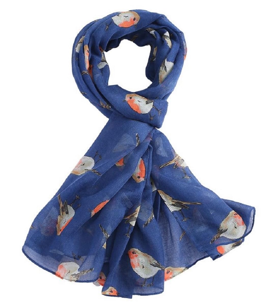 LilyRosa® Grey Robin Scarf, White Blue Red Robins Bird Scarves Shawl Wrap (Denim Blue)