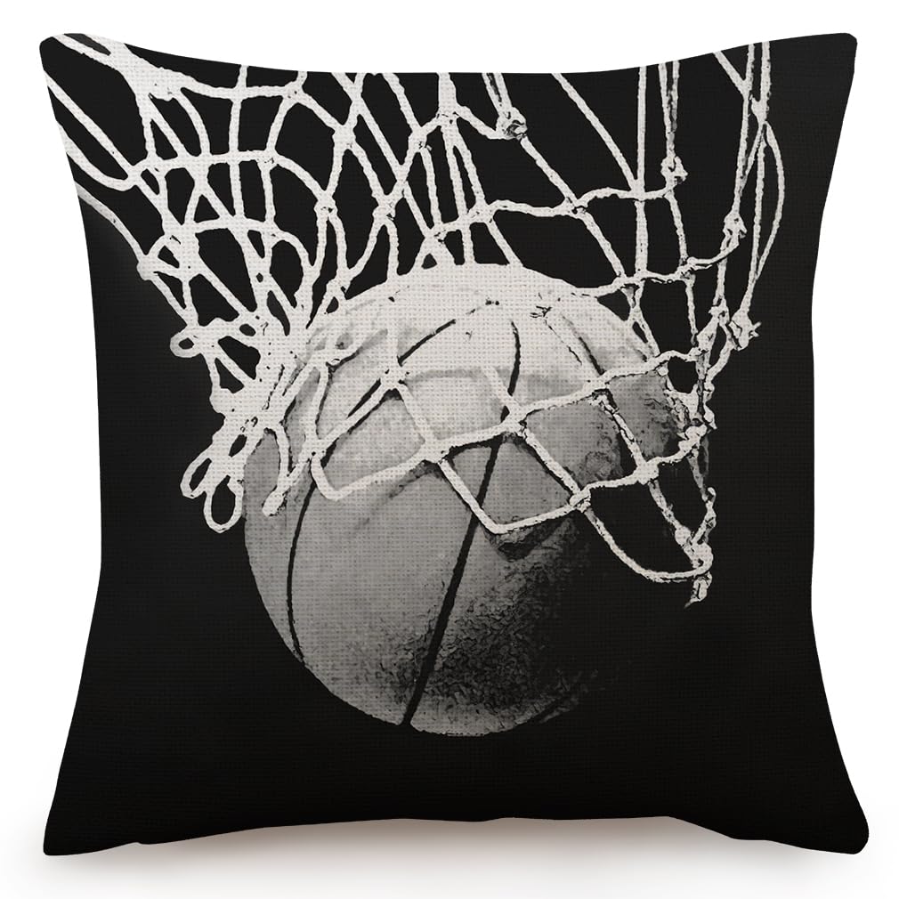 HYZUIMEI Basketball Enthusiasts Theme Pillow Cases Boys Girls Room Present Throw Pillow Cover ?18 X 18 Inch Black Linen Cushion Cover, for Bedroom Bed Outdoor Car Couch Sofa