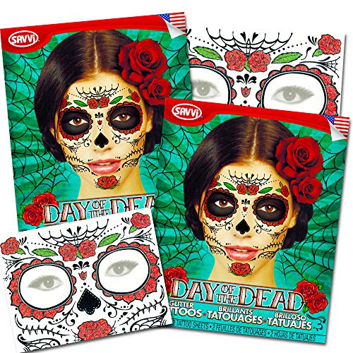 Glitter Red Roses Day of the Dead Sugar Skull Temporary Face Tattoo Kit - Pack of 2 Kits