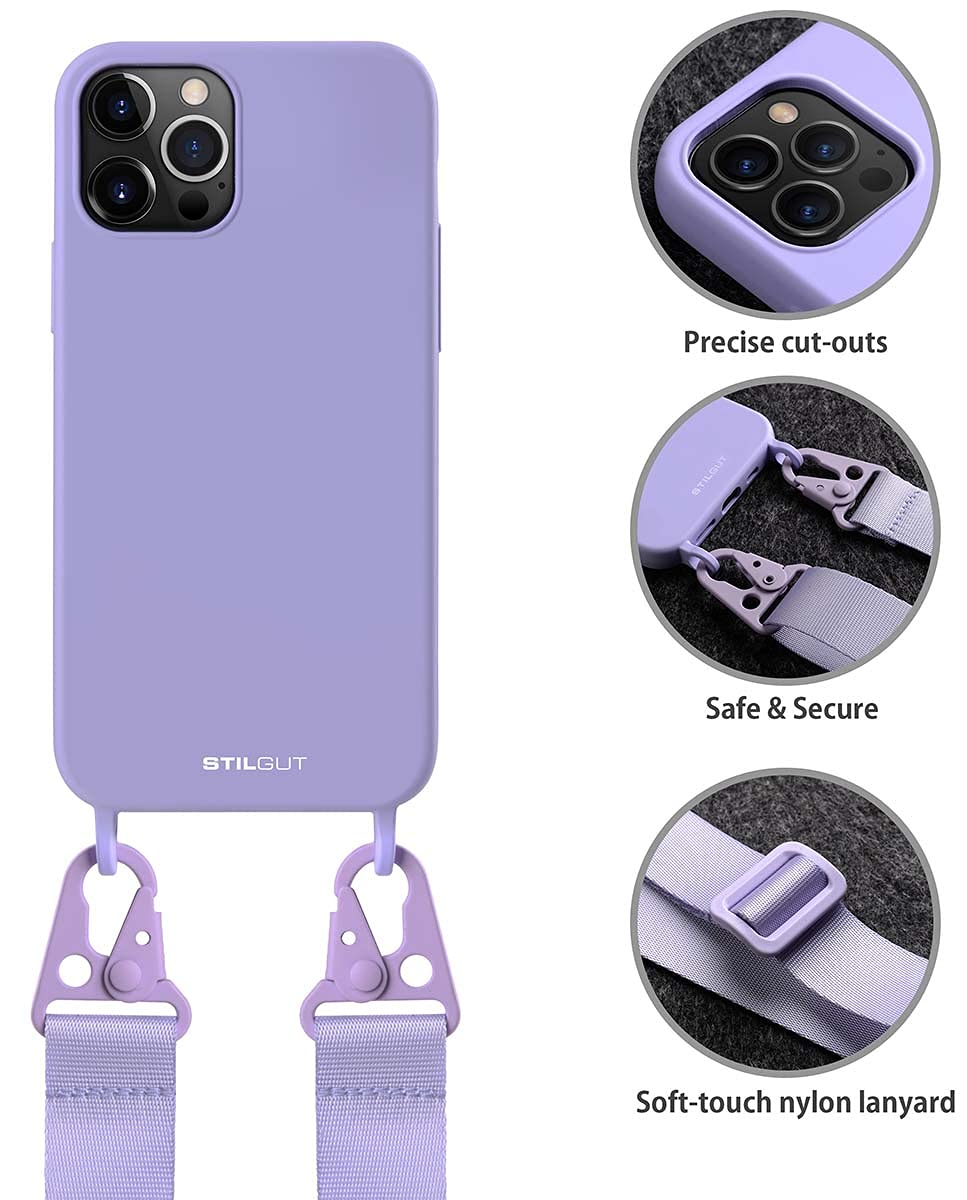 StilGut Cover con laccio compatibile con iPhone 12 mini (5.4) custodia con cordino rimuovibile, TPU case y laccio largo con moschettoni – Viola