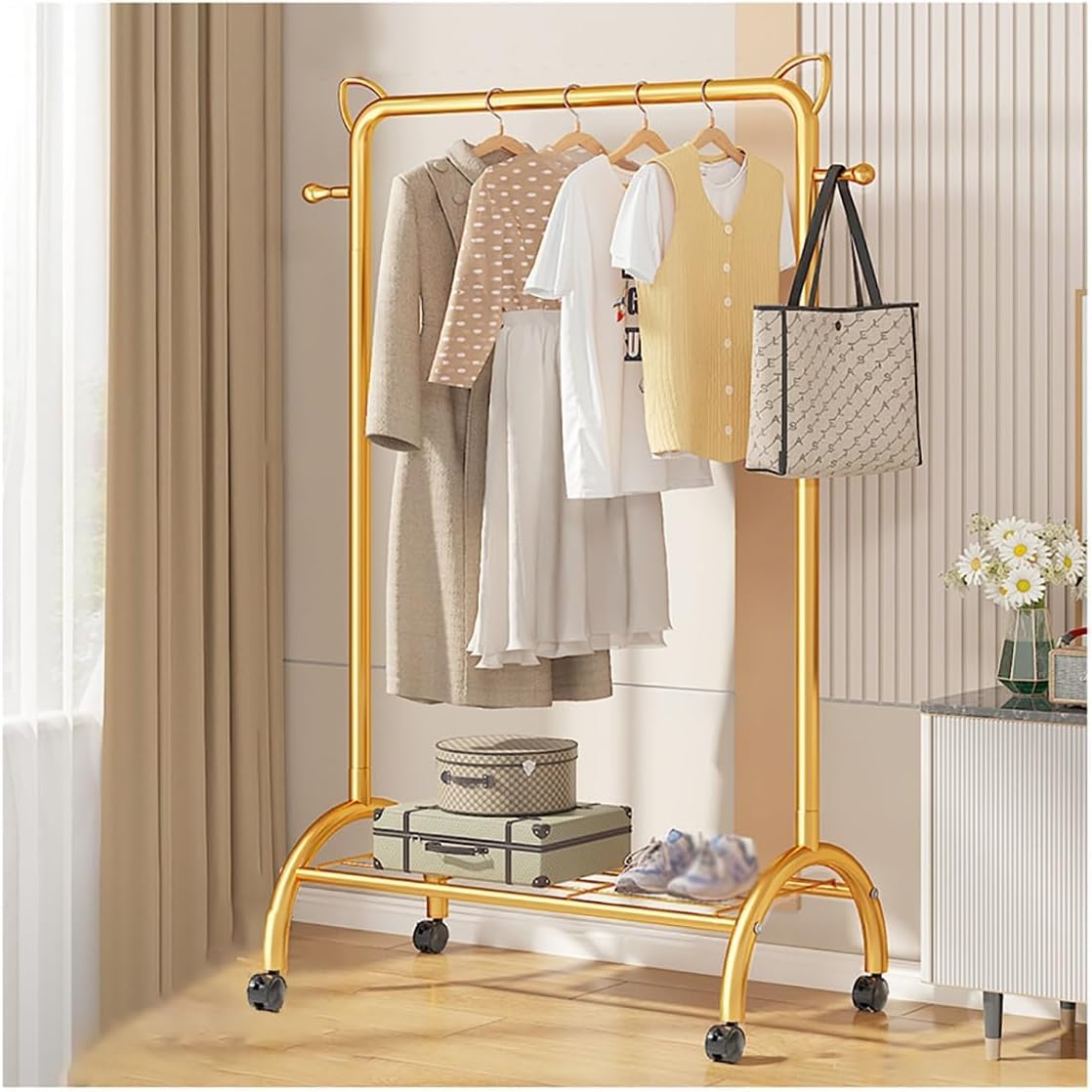 MYUYEE Clothes Rack On Wheels Metal Coat Rack Freestanding For Home Bedroom With 2 Hooks And Open Shelves, Easy To Assemble(60Cm Gold-Gold)