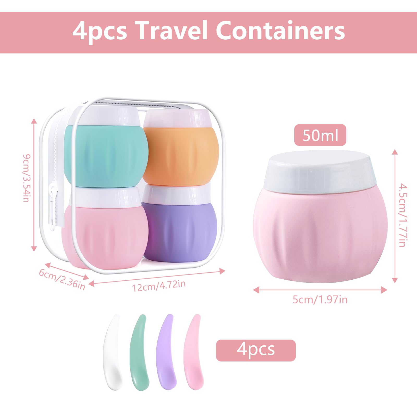 Janety 4 Pezzi Contenitori da viaggio per articoli da toeletta, 50 ml Porta Creme da Viaggio, Barattoli in Silicone per Crema con Sacchetto Trasparente, Etichette e Piccole Spatole