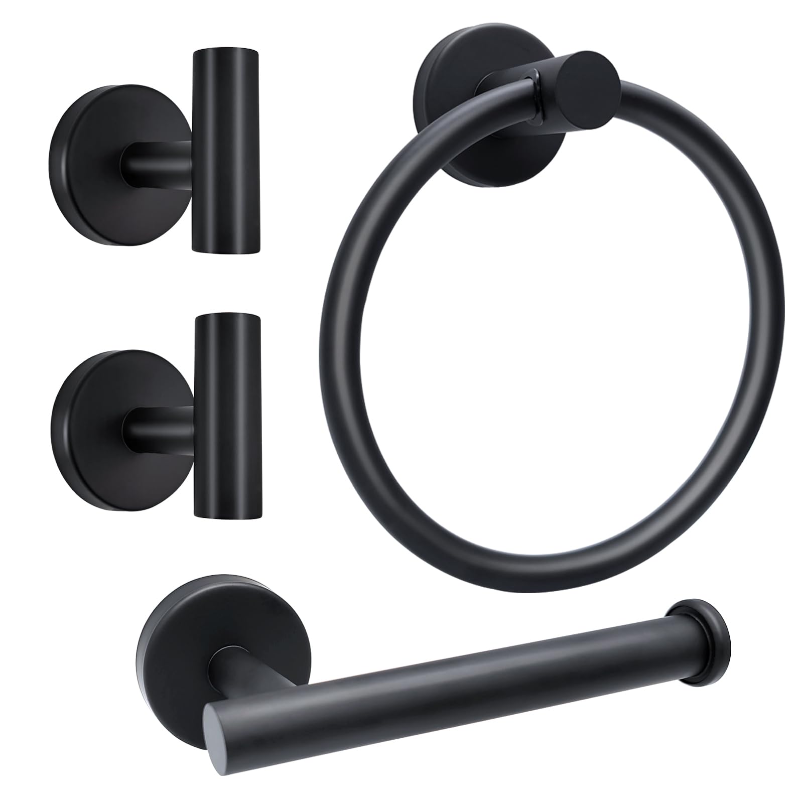 Juego de accesorios de baño negro mate, soporte de papel higiénico montado en la pared de acero inoxidable, anillo de toalla y 2 prácticos ganchos para accesorios de baño modernos, juego de ganchos