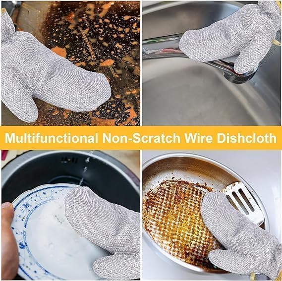 Image of GYOU Wire Dishwashing Gloves I Multipurpose Steel Washing Rags I Heat Insulation Anti-Hot Waterproof & Durable Reusable I Non-Scratch Glove for Kitchen Sinks Pots Pans Cleaning (2 Pair)