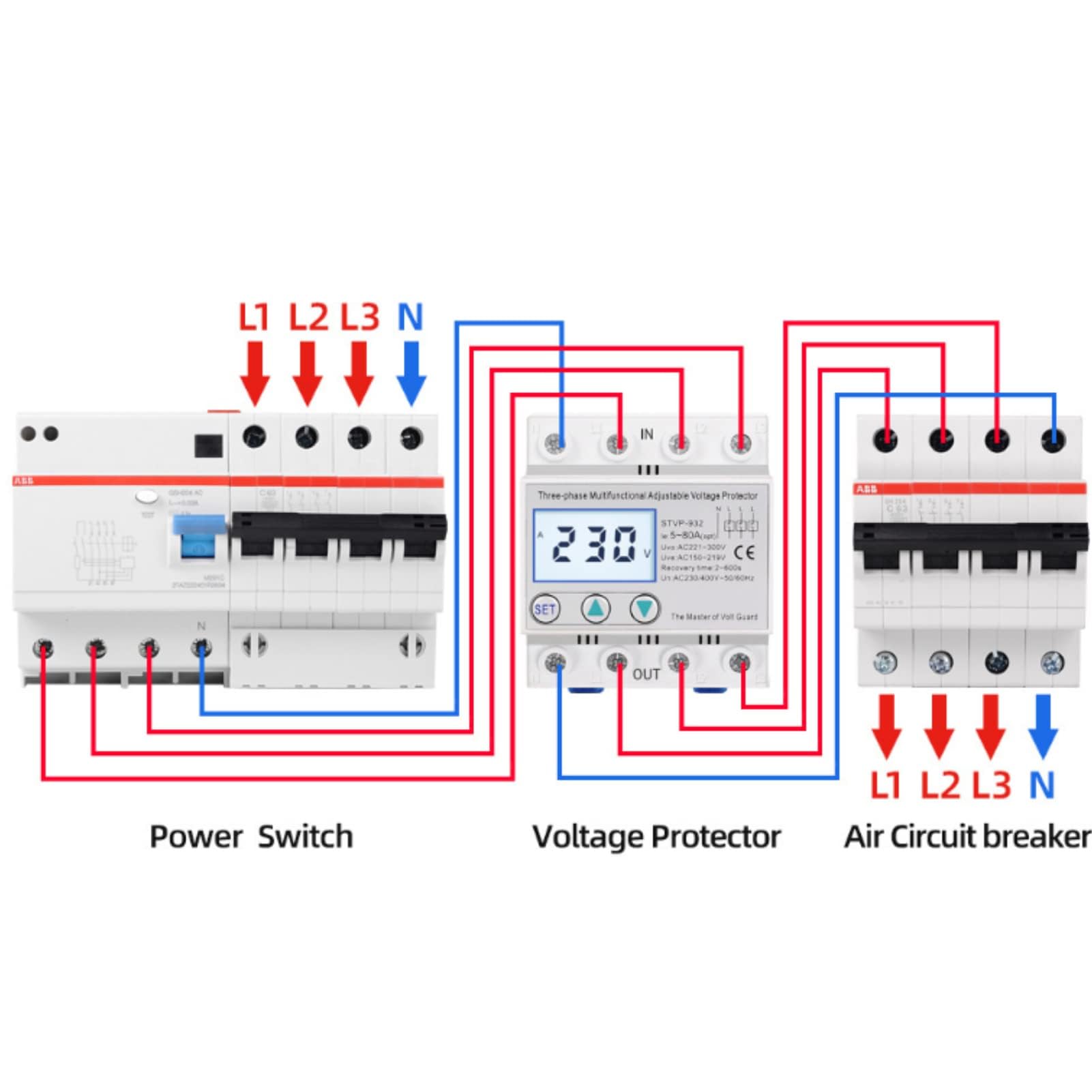 Protezione di Tensione Regolabile LCD Trifase Multifunzione Ripristino Automatico 230 V/400 V CA Protezione da Sovratensione Sottotensione Dispositivo di Protezione Della Tensione(50A)