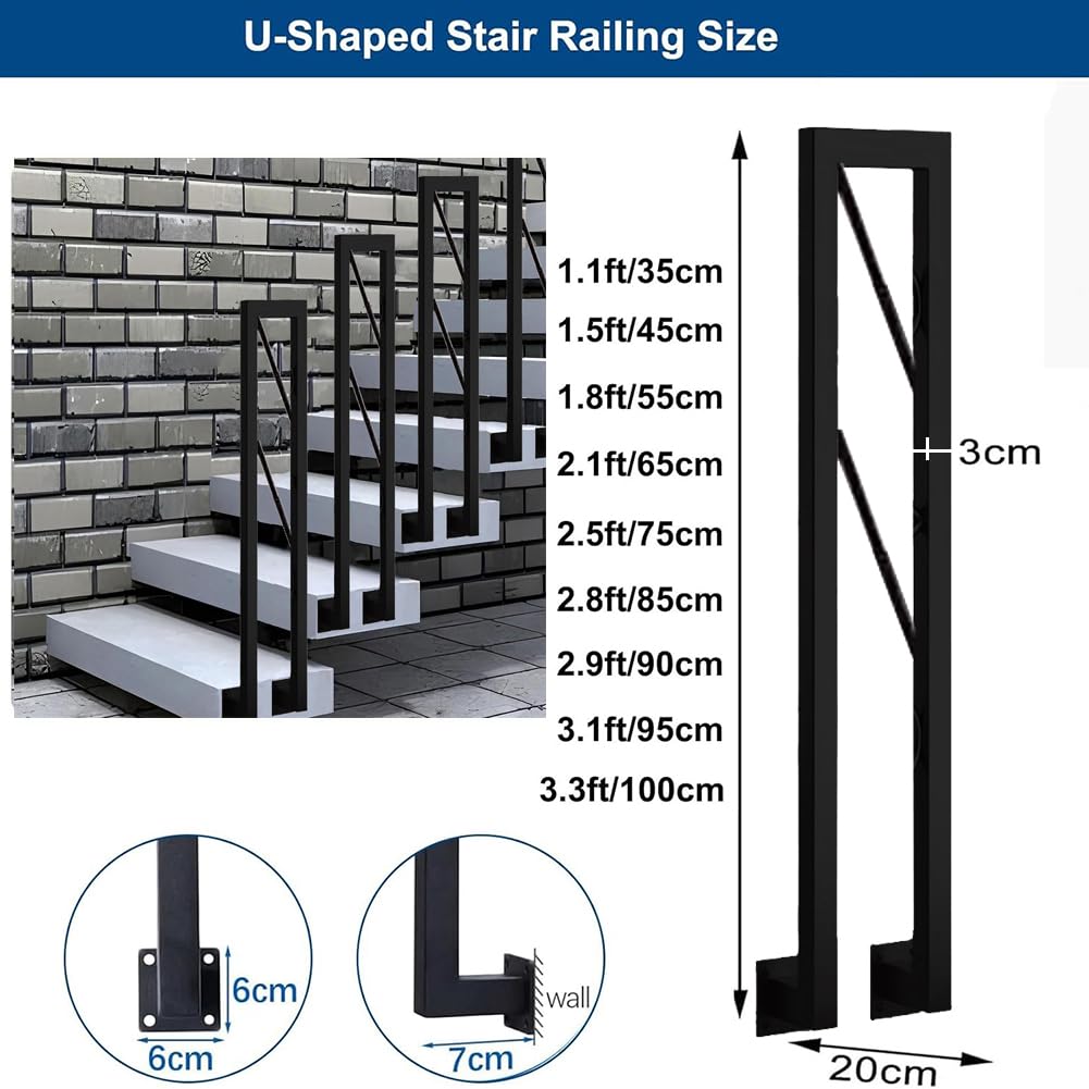 Garde-corps d'escalier en forme de U – Rampe industrielle en fer forgé, barre de support antidérapante montée au sol pour porche, loft et couloir, design noir 55 cm