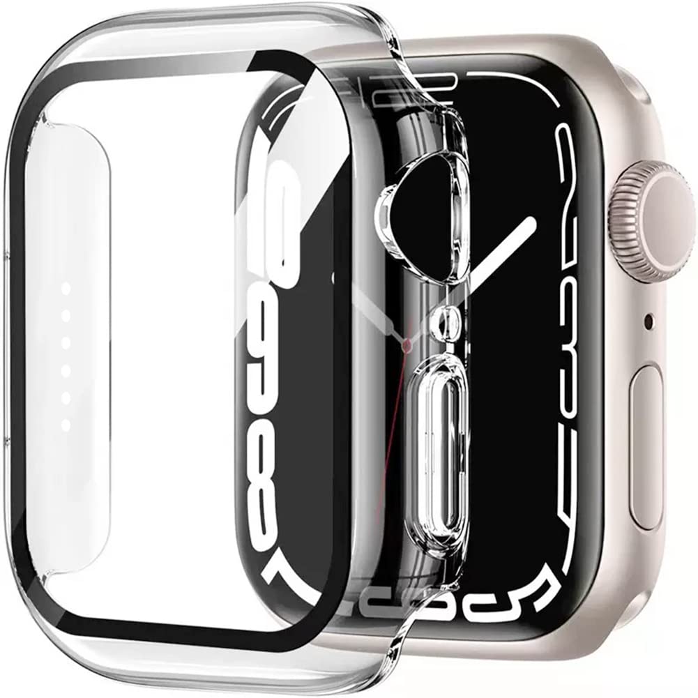 HANKN Hard Case for Apple Watch Series 9 8 7 41mm Tempered Glass Screen Protector Bumper Transparent Iwatch Cover (41mm, Clear)