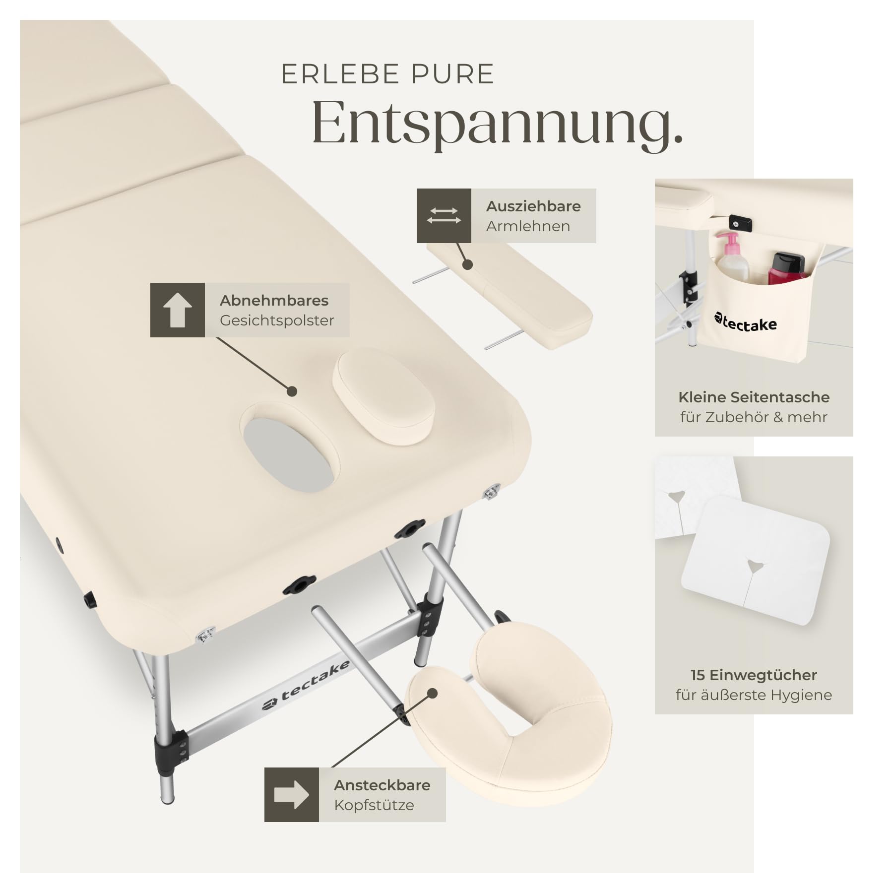tectake Massageliege 3 Zonen klappbar höhenverstellbar Aluminium Massagetisch tragbar inkl. Zubehör beige