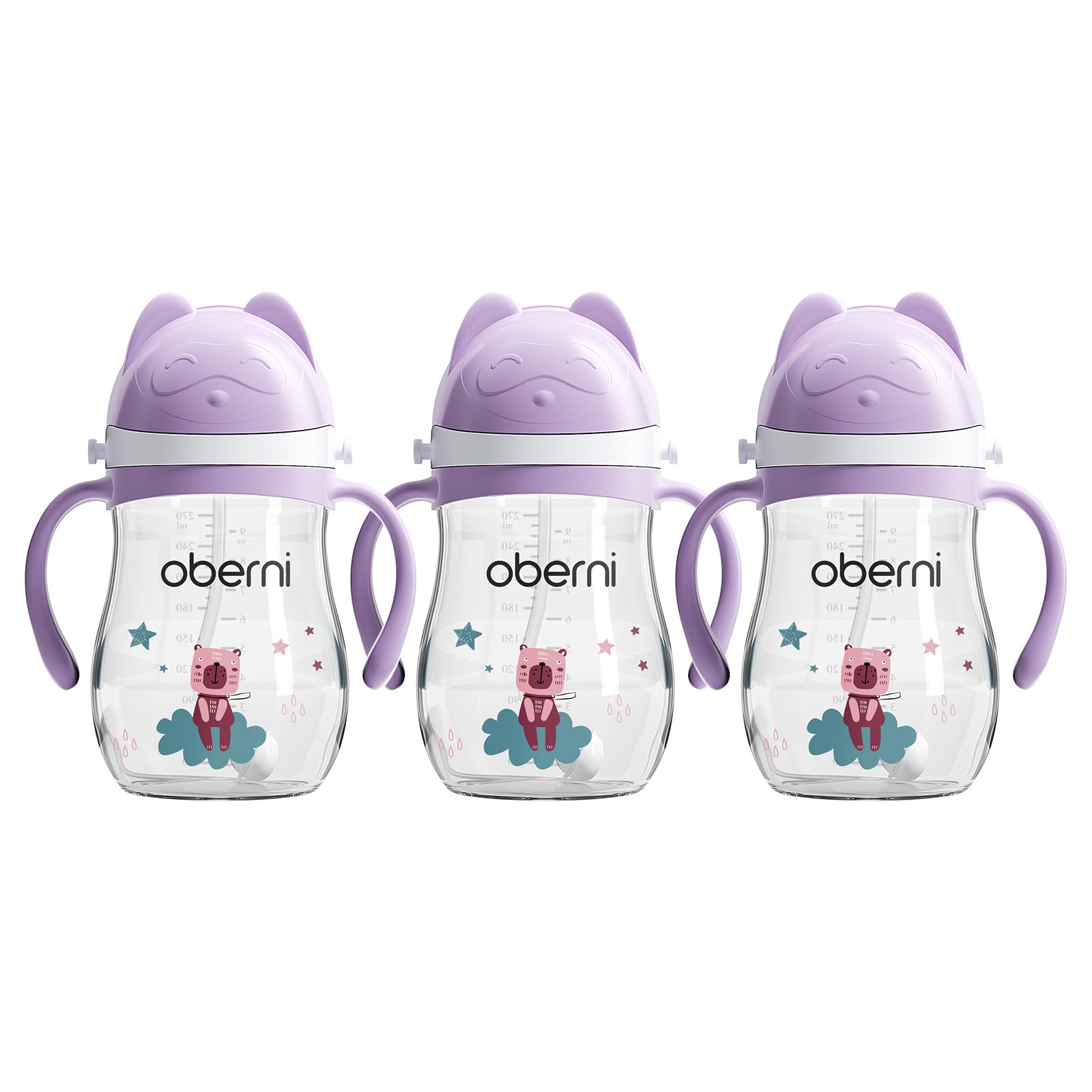 Oberni Baby Sippy Cup with Handle & Strap, Non-Spill Water Bottle for 6 12 Months + Toddlers, BPA-Free | Tritan | Dishwasher Safe | Leak Proof Valved Spout | 270ml 9oz | Purple (3 Pack)