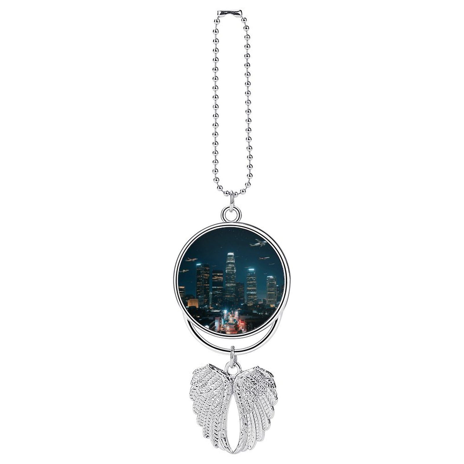 Los Angeles Skyline Car Pendant Car Rearview Mirror Pendant Custom Photo Car Hanging Ornament Car Rear View Mirror Hanging Accessories Angel Wing Car Charm Gift for Men Women