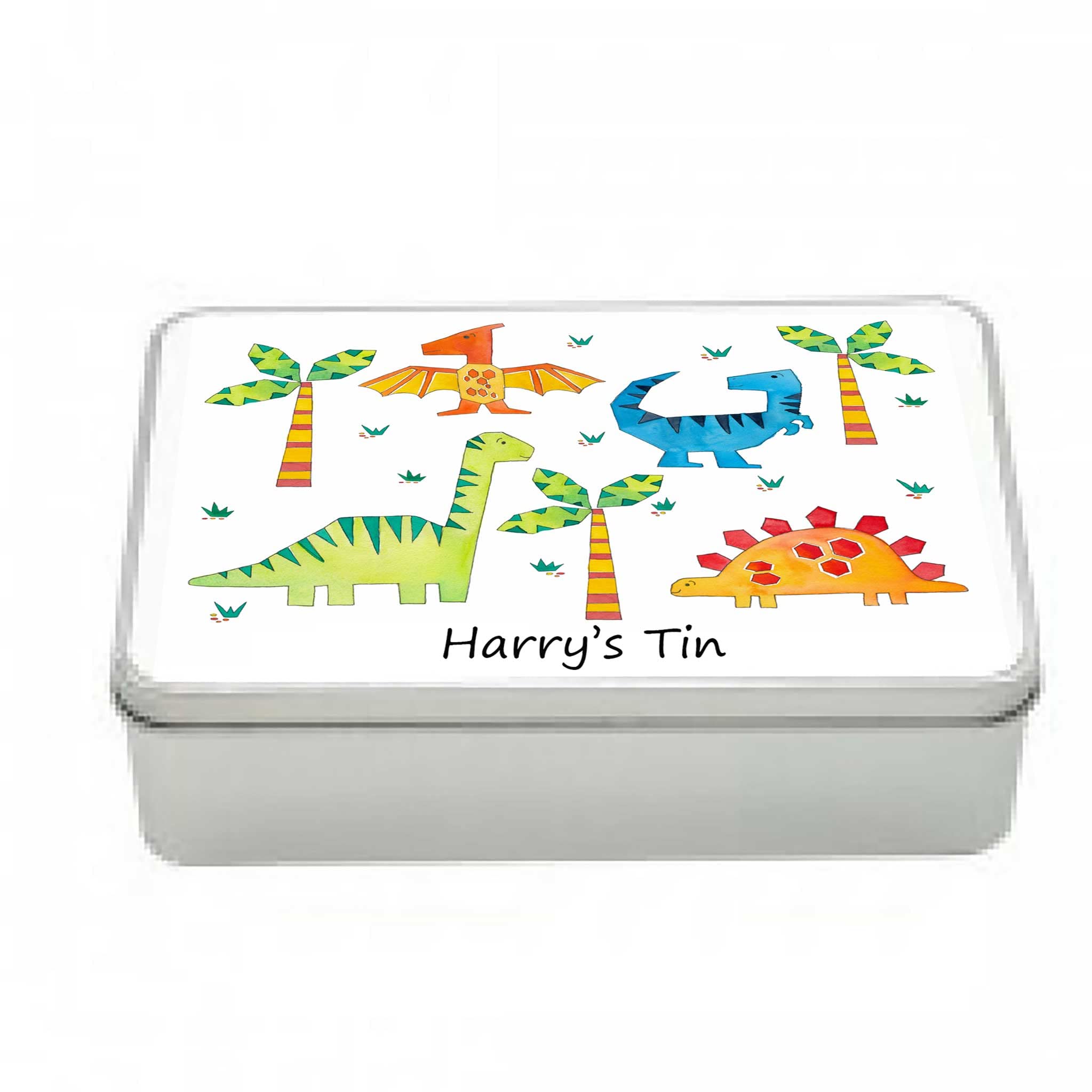 Tigerlilyprints Personalised Boys Treat Tin with Lift Off Lid – Custom Name Metal Sweet Store – Birthday Sweet Box for Sweets, Cards, Games & Small Gifts – Kids Birthday Keepsake (Dinosauru) — image 1