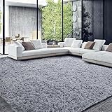 HOMBYS Shaggy Area Rug 9x12 Feet, Ultra Soft Large Plush Faux Fur Carpet, Non-Skid Bedroom Living Room Rug for Kids Playroom Home Decor, Light Grey