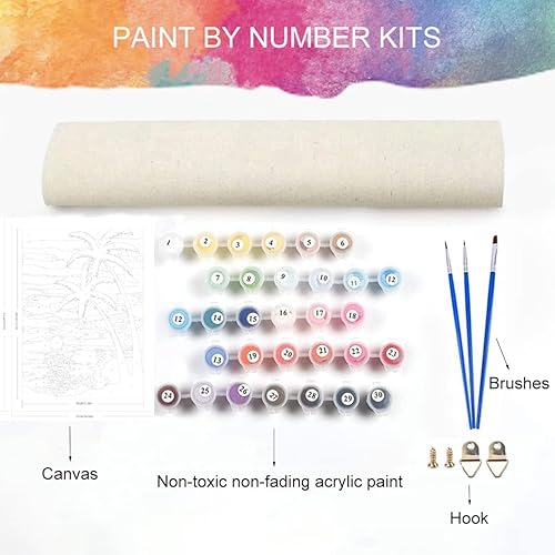 Miniatura 3 de FILASLFT Pintura de playa por números para adultos, pintura por números, paisaje puesta de sol para principiantes, kits de pintura por números con