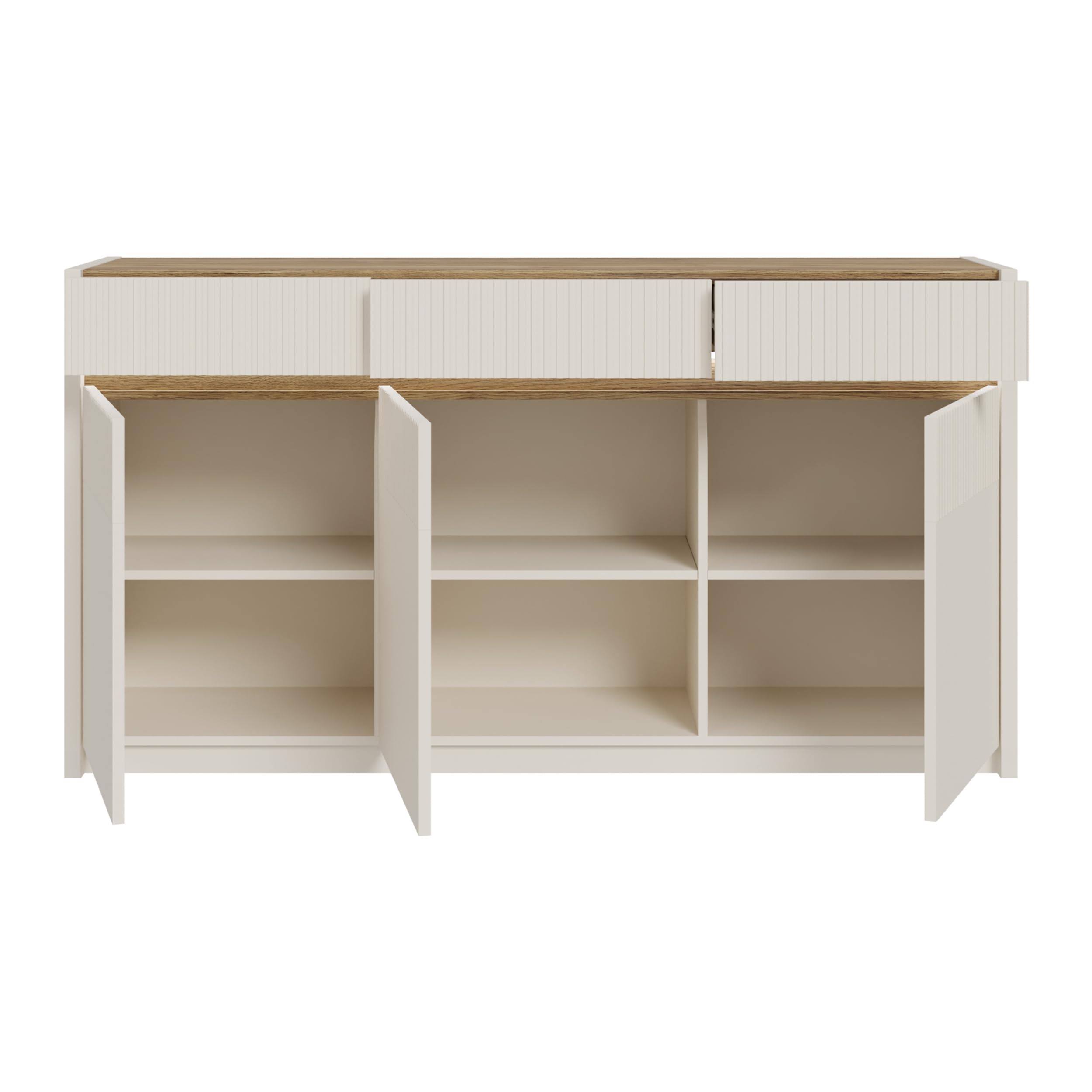 Forte Oak SQUERE Sideboard 160, Elegantes Sideboard mit 3 Türen, Beleuchtung und Lamellendesign, Holzwerkstoff, Mauvella Eiche Dekor/Sand, 160 cm breit x 85,9 cm hoch x 41,5 cm tief