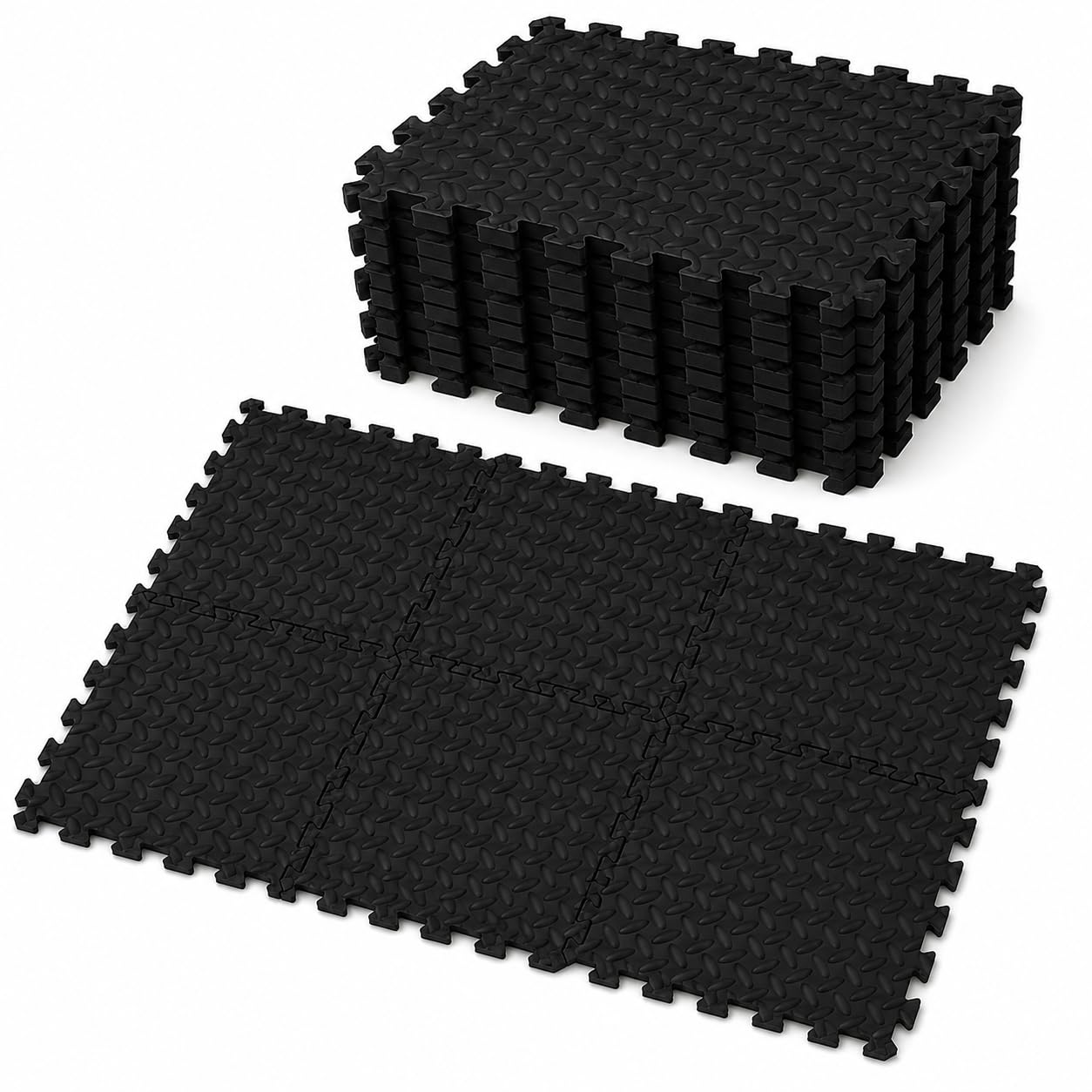 RYZAN Interlocking Foam Floor Mats Soft EVA Puzzle Tiles for Gym, Kids Play, Nursery – Non-Slip Protective Flooring for Home, Workout & Exercise Use (Black - 6 Pack, 60 x 60 x 1TH (2.16 m²))