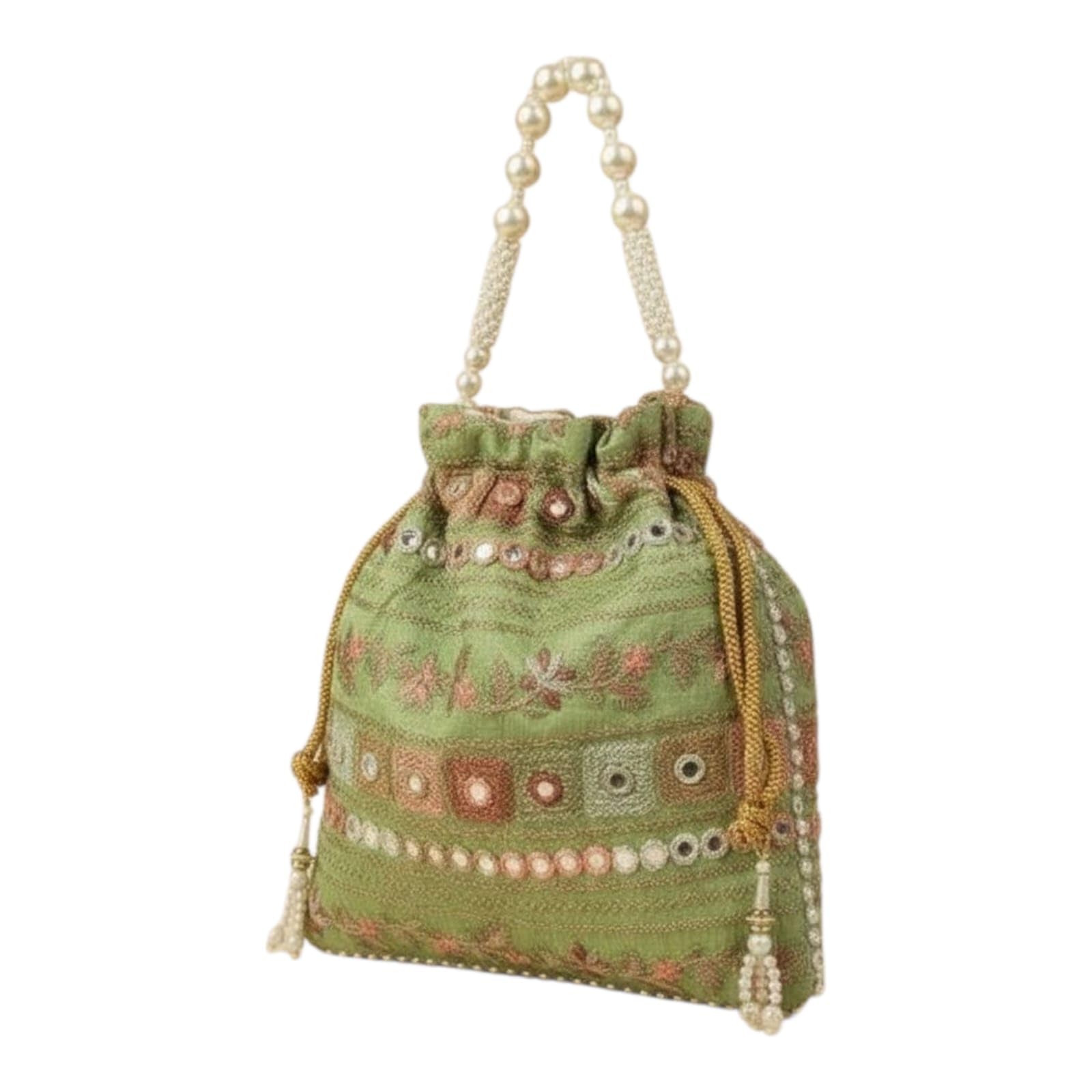 Mirror Work Potli Bag for Women with Pearl Beaded Handle, Embroidered Ethnic Drawstring Pouch for Wedding, Bridal, Party, Festive & Return Gifts-image-40