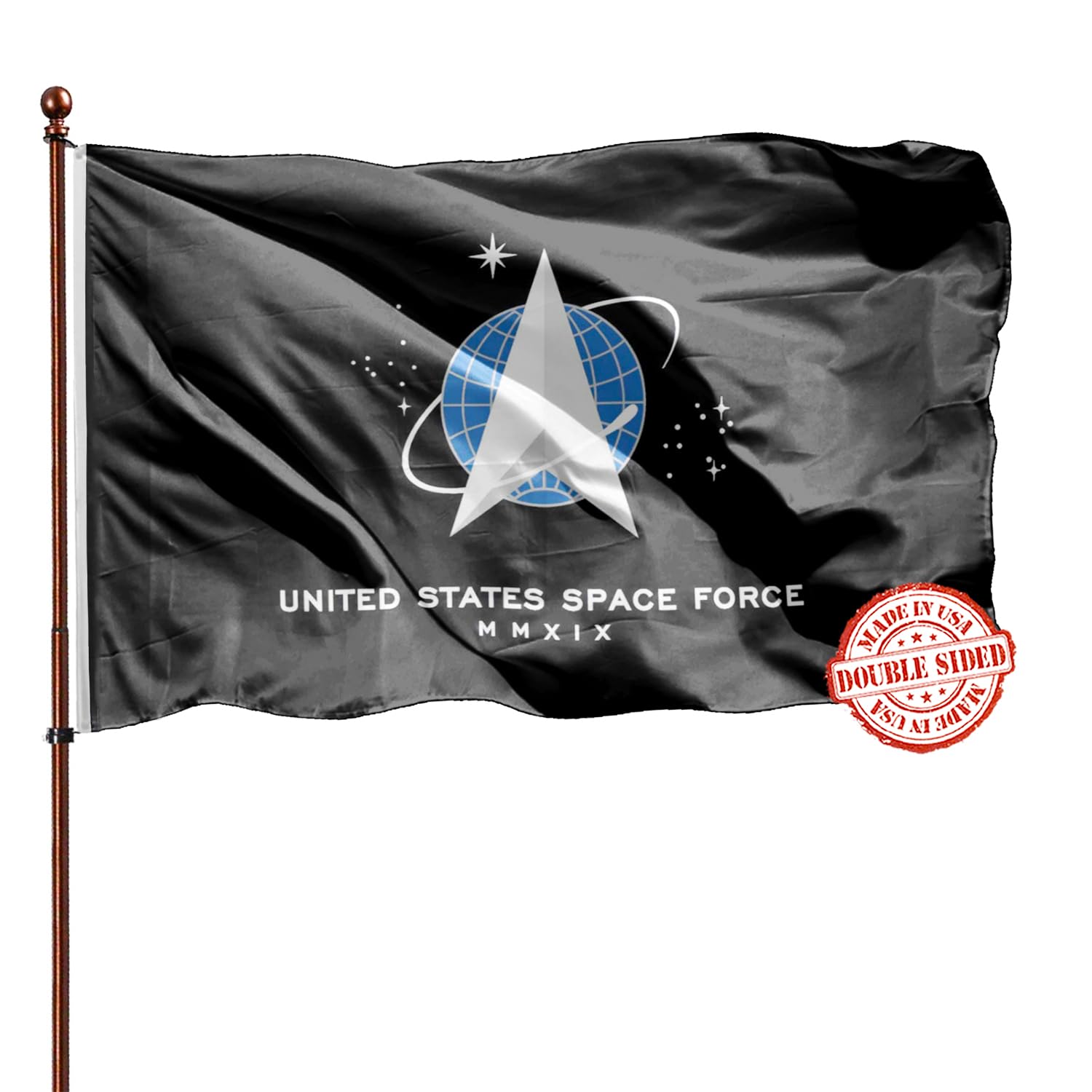 Photo 1 of Double Sided 4x6 Space Force Flag- Heavy Duty 3Ply 240D Polyester Vivid Colors- United States Space Force Flag-4 Rows Stitched and Canvas Header with 2 Brass Grommets