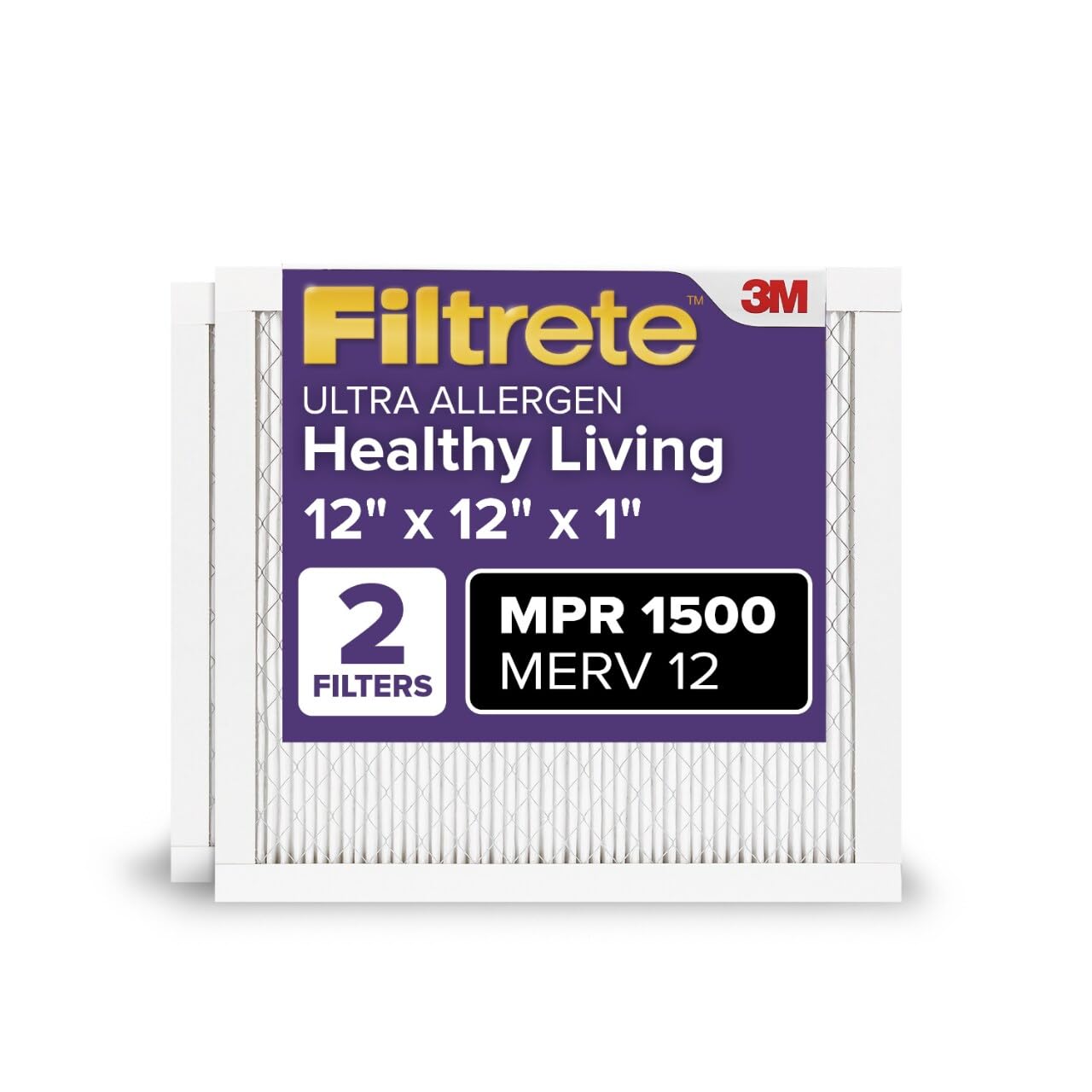 Filtrete 12x12x1 AC Furnace Air Filter, MERV 12, MPR 1500, CERTIFIED asthma & allergy friendly, 3 Month Pleated 1-Inch Electrostatic Air Cleaning Filter, 2-Pack (Actual Size 11.81x11.81x0.78 in)