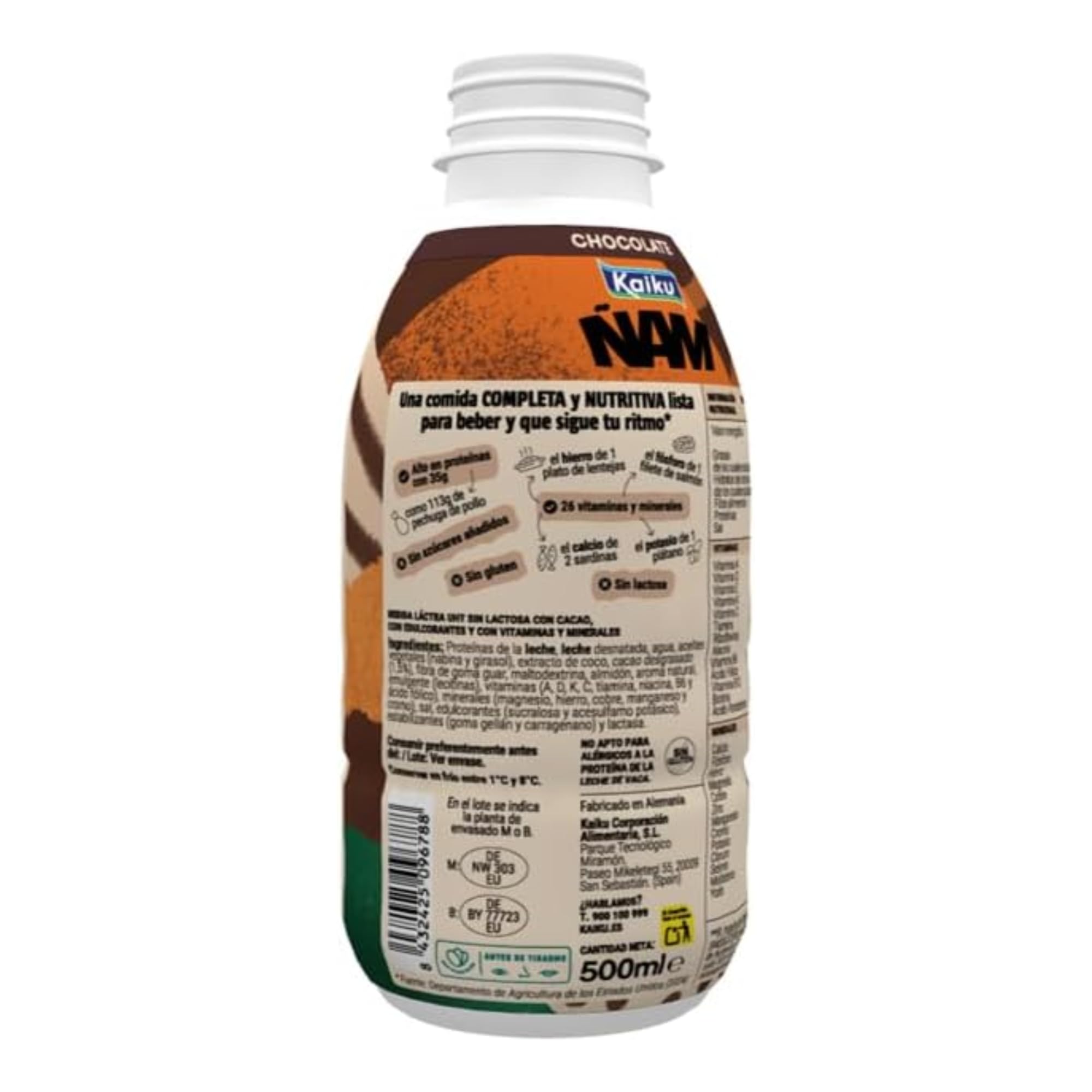 KAIKU ÑAM - Chocolate 500 ml, Sabor Chocolate, Bebida Lista para Tomar, 35 g de Proteína, 26 Vitaminas y Minerales, sin Azúcares Añadidos, sin Gluten, Bajo en Grasas, Comida Completa