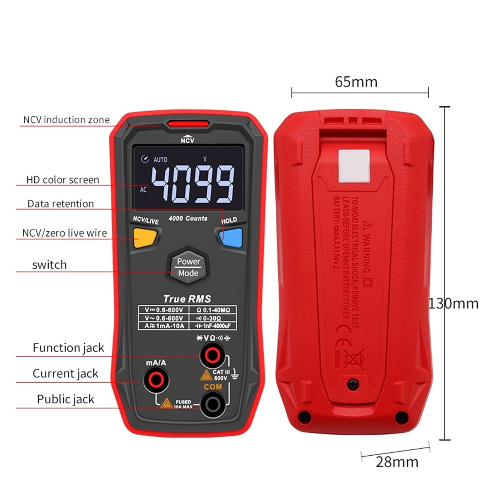 Mini Cyfrowy Multimetr AC Miernik Napięcia DC Rezystancja (Ohm) Tester Temperatury NCV/Test Ciągłości/kolorowy Ekran EBTN Szybko Dokładnie Łatwy Odczyt(123)