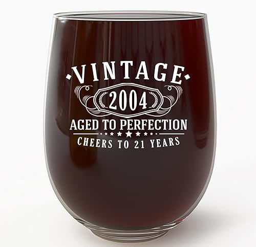 Miniatura 6 de Copa de vino sin tallo vintage 2003 con estampado negro de 17 onzas, regalos de feliz cumpleaños 21 para mujeres y hombres, saludos a 21 años,