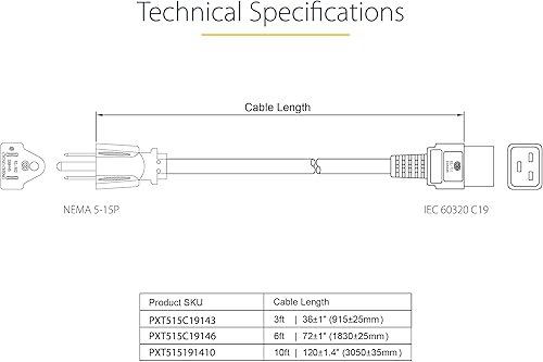Miniatura 4 de StarTech.com Cable de alimentación resistente de 10 pies (9.8 ft), cable de alimentación de CA NEMA 5-15P a C19, 15A 125V, 14AWG, cable de