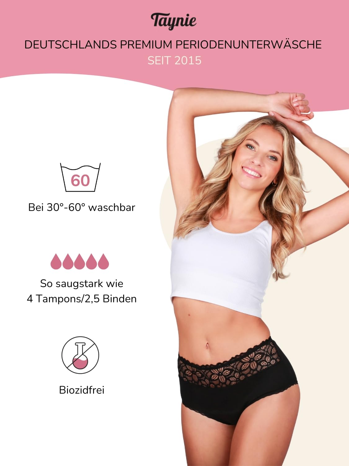 Taynie Biancheria intima mestruale da donna, extra forte, sostituisce fino a 4 tamponi, in cotone biologico, senza PFAS, senza biocidi, lavabile a 60 °C, biancheria mestruale