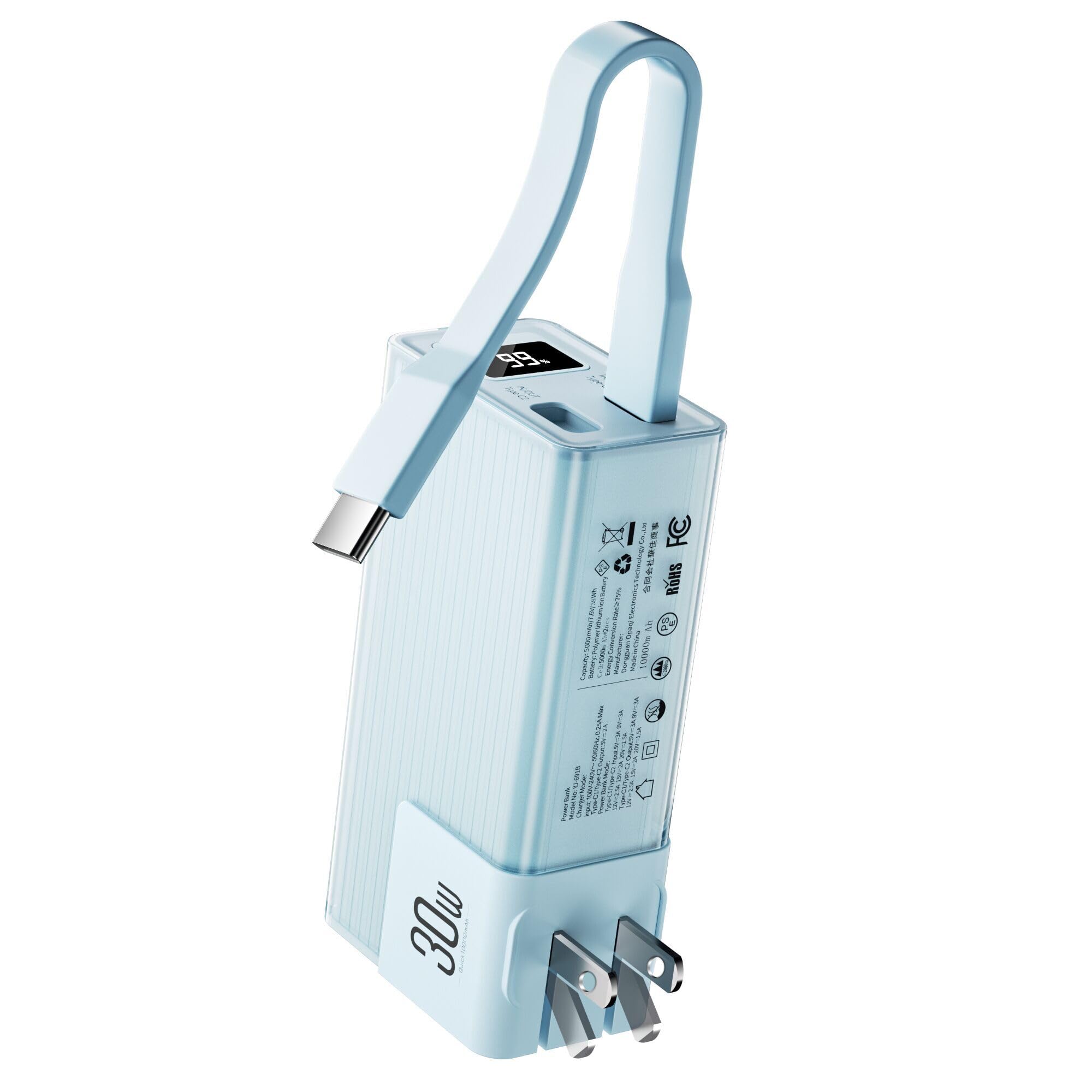 Miady Portable Charger Built-in Foldable Wall Plug PD 30W 10000mAh Compact Power Bank has USB-C Cable LED Display