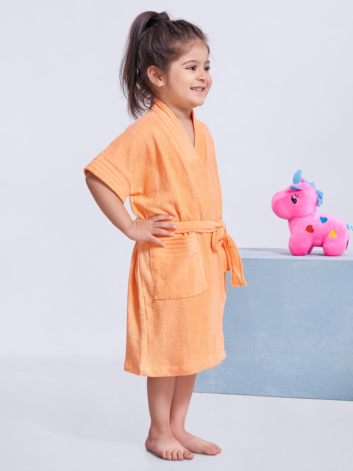 SAND DUNE Kids Girl Bathrobe | Terry Cotton Shower Gown | Half Sleeve Knee Length Kids Girl Bath Robes | Pocket with Waist belt | Peach Bathrobe | 12-24 Months Kid 1