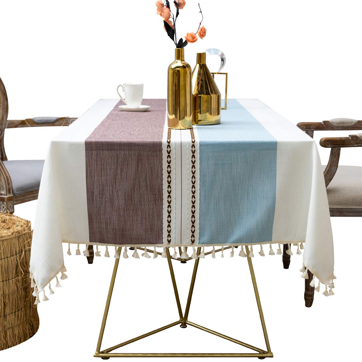Tassel Decoration Tablecloth Cotton Linen Cloth Art Dustproof Tablecloth Home Kitchen Western Table Decoration (140 * 140cm,Sumei white gray blue)