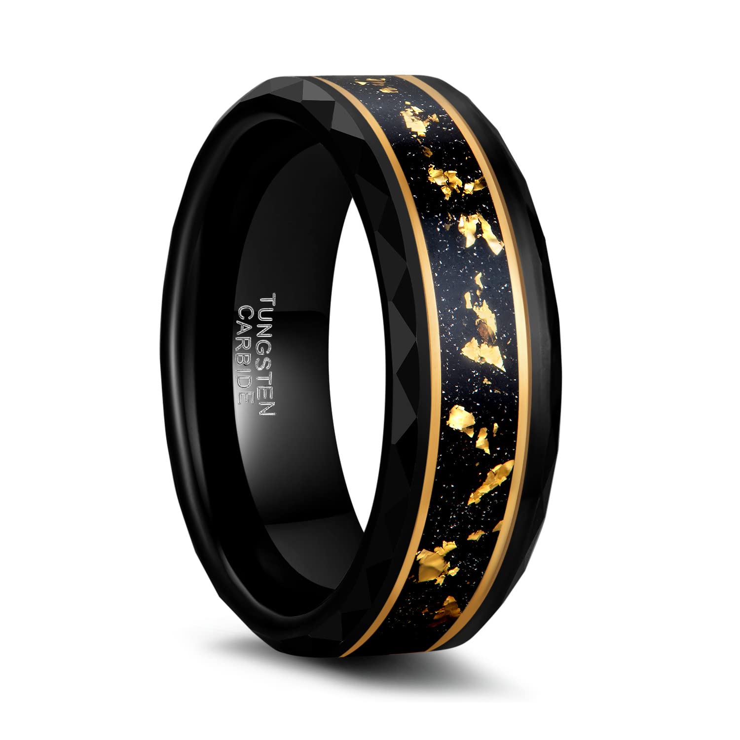 Greenpod 8MM Tungsten Carbide Rings for Men Hammered Polished Faceted Edge Wedding Band Gold foil with Black Dinas Inlay Comfort Fit Size 7-13
