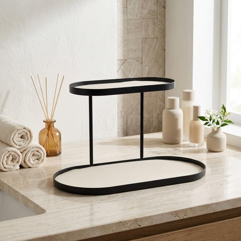 Organizer da banco a 2 livelli Scaffale da bagno Scaffale per cosmetici in metallo per articoli da toeletta Trucco Cura della pelle Supporto nero