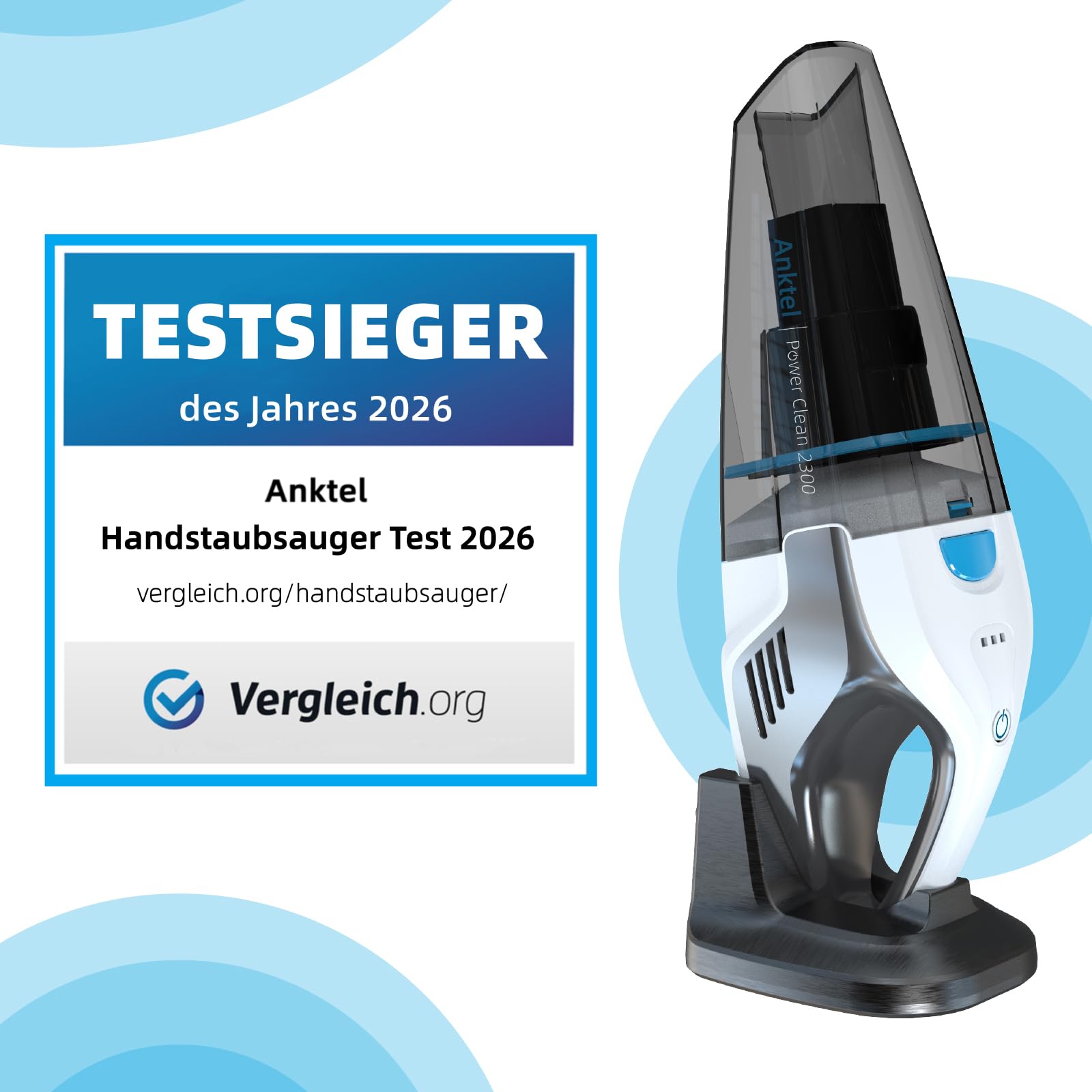 Anktel Handstaubsauger Testsieger mit Ladestation -PowerClean2300- Handstaubsauger Akku Kabellos Nass&Trocken mit Waschbar HEPA-Filter Handsauger Beutellos Staubsauger Ersatzfilter