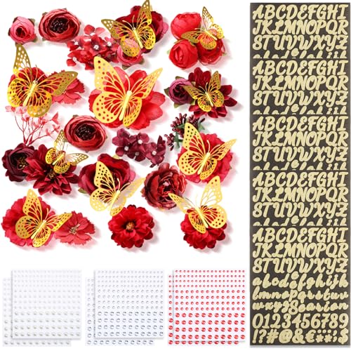 Hoteam DIY Handcraft Decorations Kits Included Faux Flowers 3D Butterfly Stickers Self Adhesive Rhinestones Glitter Alphabet Letter Stickers for Grad Cap Topper Party Gifts Art Decor(Red)
