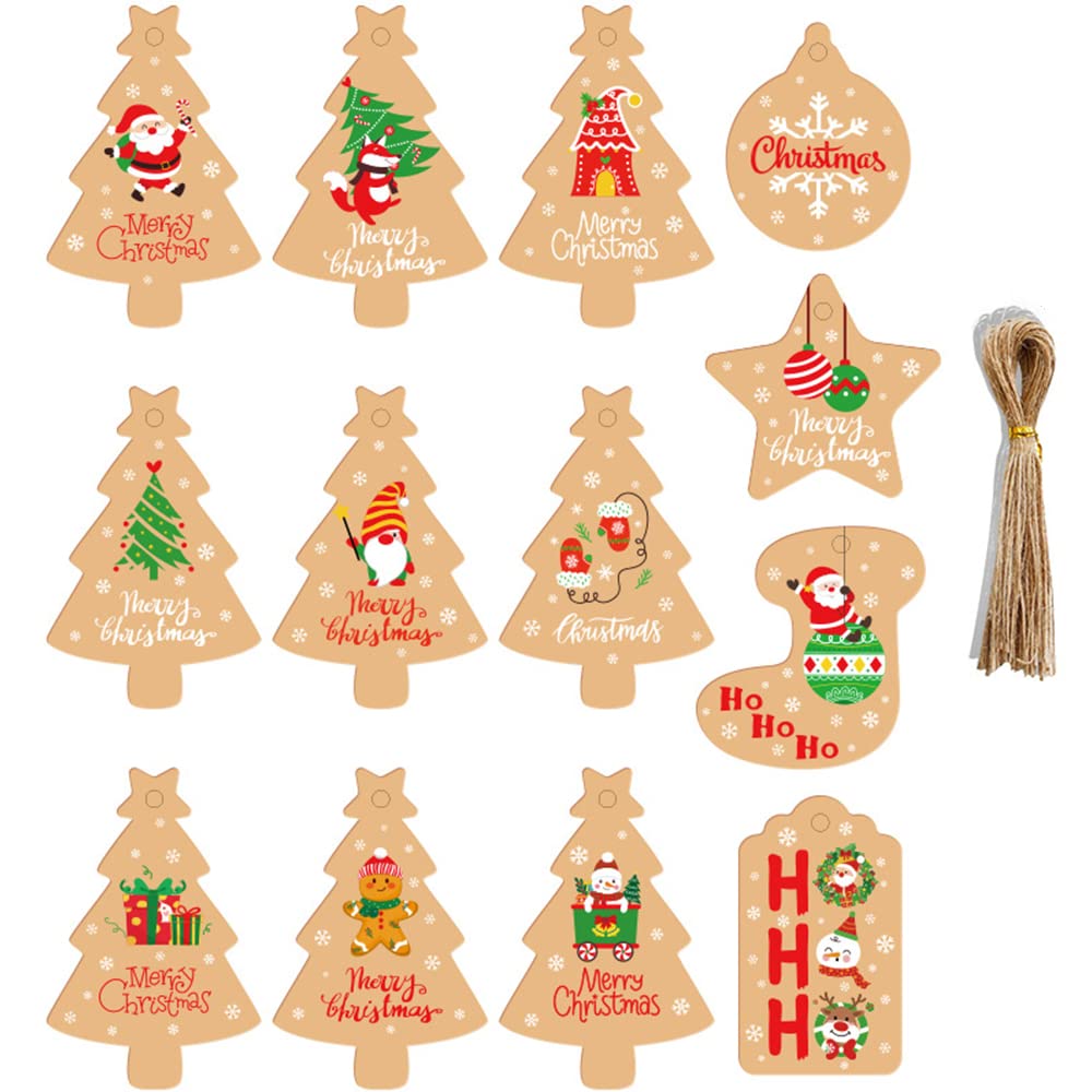 Christmas Tree Gift Tags,50PCS Xmas Kraft Paper Gift Hanging Tags with 50pcs String Twine
