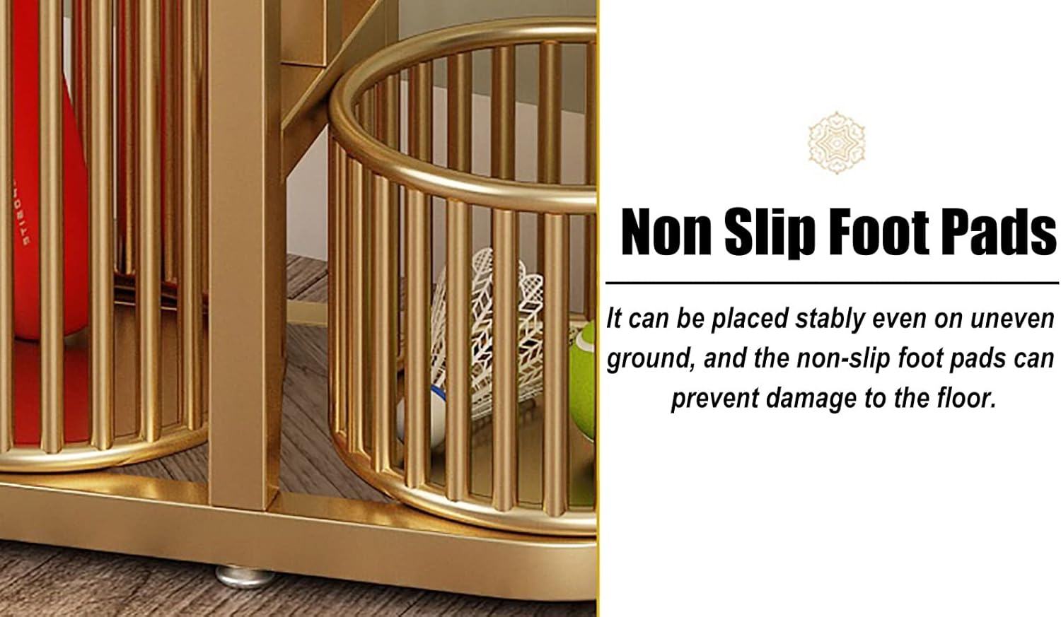 Ball Storage Rack Floor Standing Organizer Rack,Minimalist Ball Storage Stand with Basket,Sturdy Sports Gear Shelf for Baseball Bats Tennis Rackets Basketball (Color : Gold, Size : 120cm Tall)