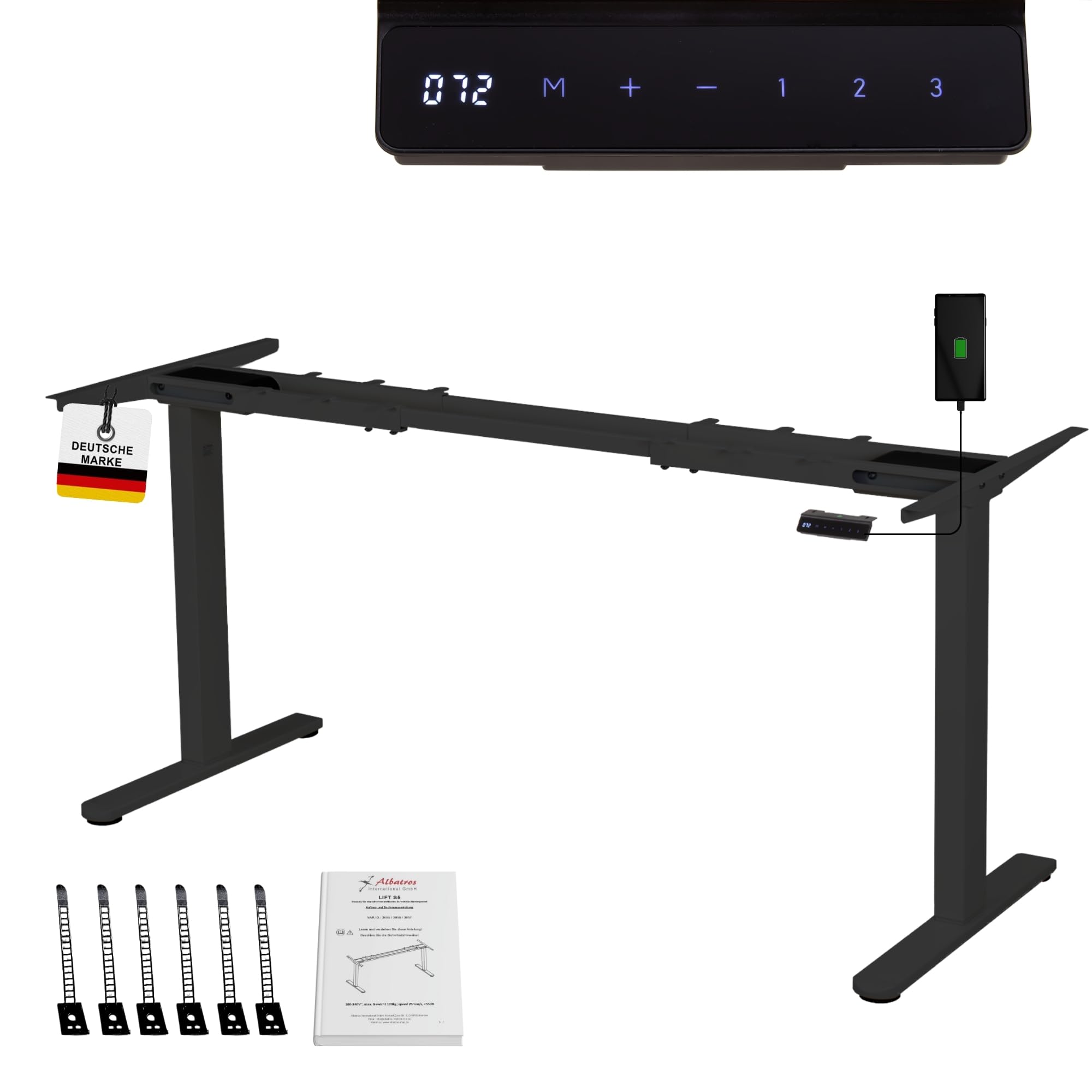 Albatros Piètement de Bureau Lift, Noir, 2X Moteurs, réglable en Hauteur électriquement avec Fonction mémoire