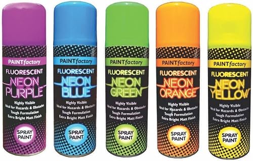 Alezyb Neon - 5 Cans 200Ml - 5 Mix Cans Fluorescent Neon Spray Paint Multipurpose Aerosol Diy Graffiti (Banksey) N0 Cfcs Extra Bright Assorted Colours Paint Blue Green Orange Pink Yellow Red Purple 200Ml - A5