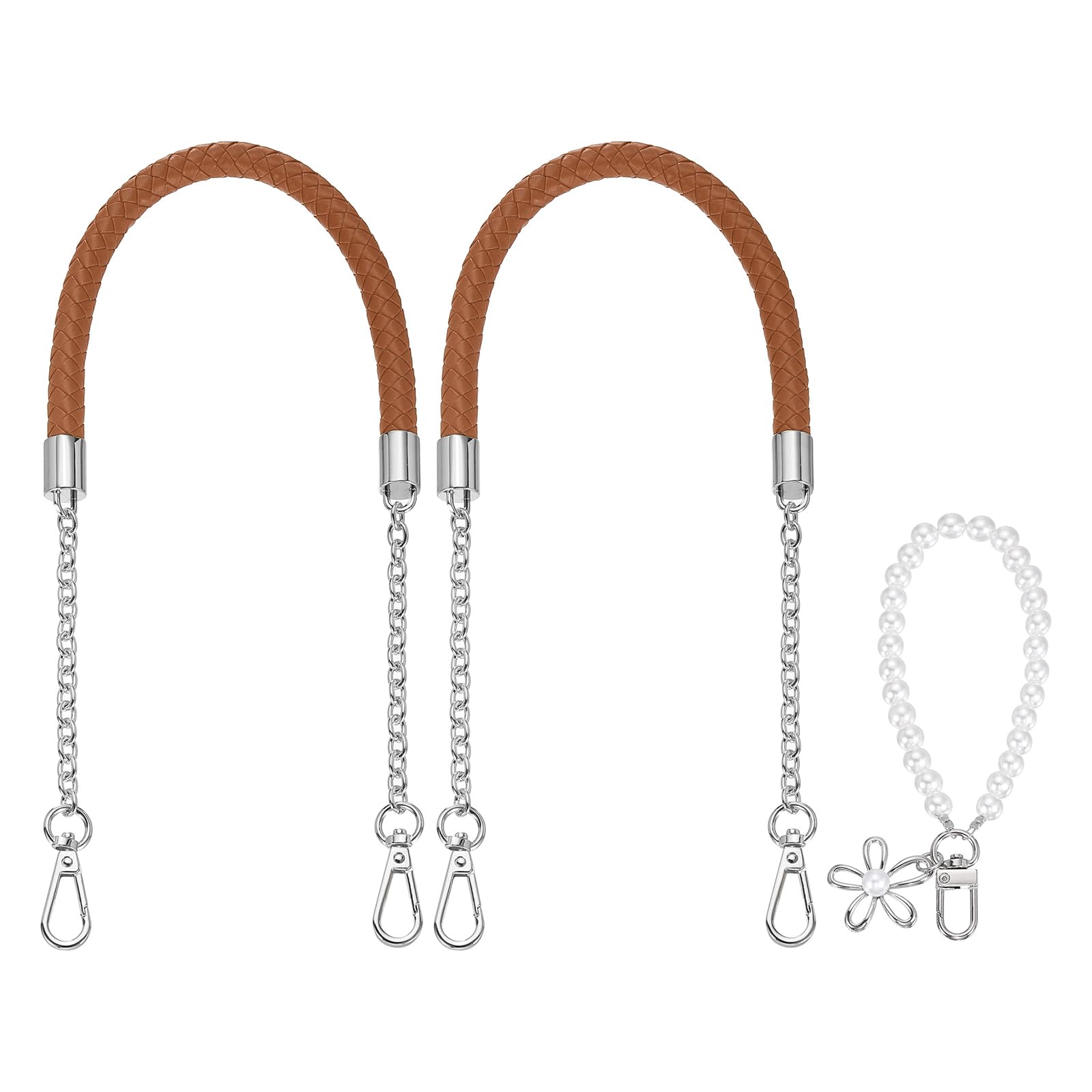 sourcing map 2 Pcs PU Leather Chain Purse Strap, 23.6 Inch Braided Purse Handles Replacement Strap with Pearl Pendant for Tote Bag Handbag Underarm Bag (Light Brown, Silver Chain)